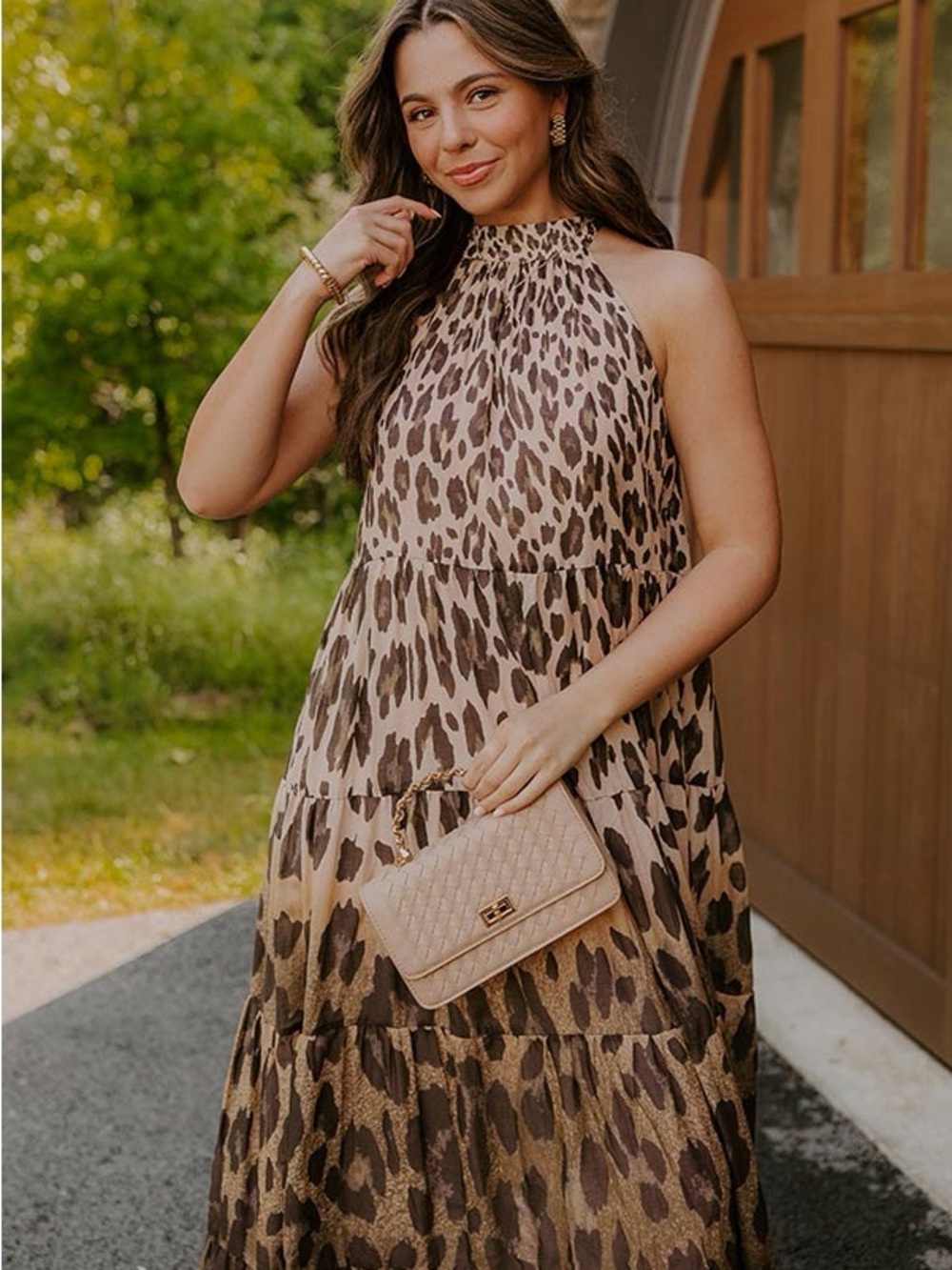 NWT Impressions Leopard Halter Tiered Maxi Dress - Brown - Picture 3 of 8